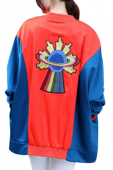 Stylish Planet Embroidered Color Block Long Sleeves Zippered Baseball Jacket with Pockets