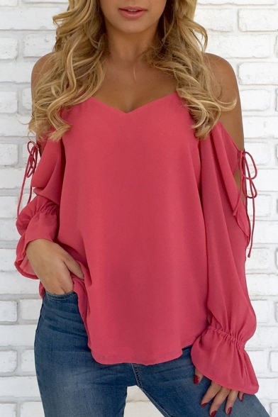 Summer Collection Spaghetti Straps Cold Shoulder Bow Lace-up Sleeves Loose Blouse