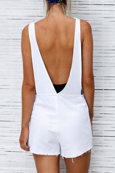 Summer Fashion Bow Tie V-Back Double Pockets Mini Plain Overall Shorts