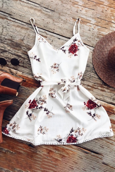 Summer Style Spaghetti Straps Bow Belted Floral Pattern Mini Loose Cami Dress