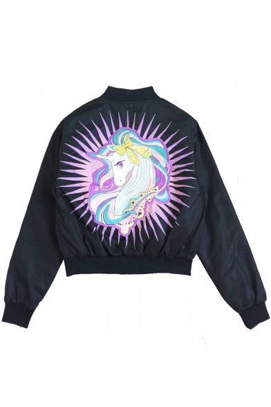 Adorable Cartoon Unicorn Embroidered Long Sleeves Zippered Baseball Jacket with Pockets