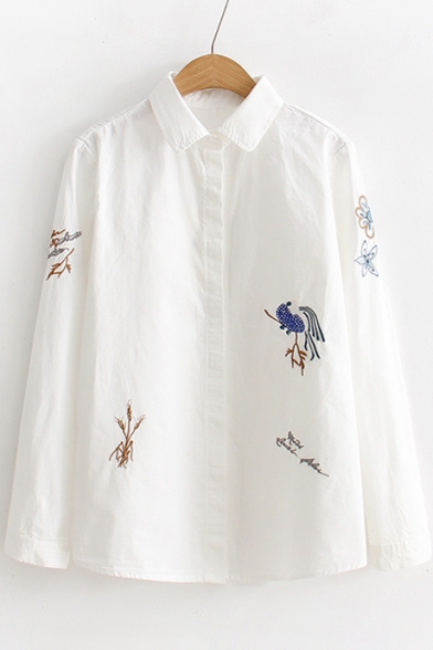 Bird Floral Embroidered Long Sleeve Lapel Long Sleeve Shirt