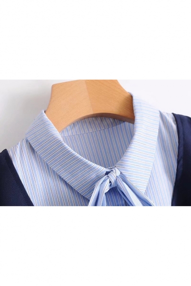 Color Block Lapel Collar Long Sleeve Bow Detail Stripes Shirt Dress