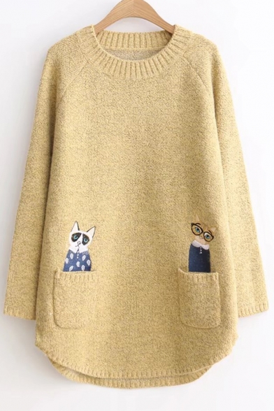 Cute Cat Embroidered Long Sleeve Round Neck Tunic Pullover Sweater