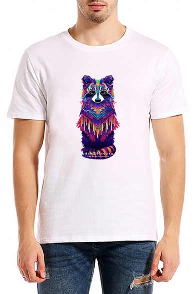 Ethnic Racoon Animal Tribal Pattern Round Neck Short Sleeves Casual Tee