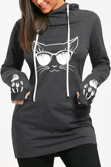 Fashionable Cartoon Cat Print Long Sleeve Hooded Dress