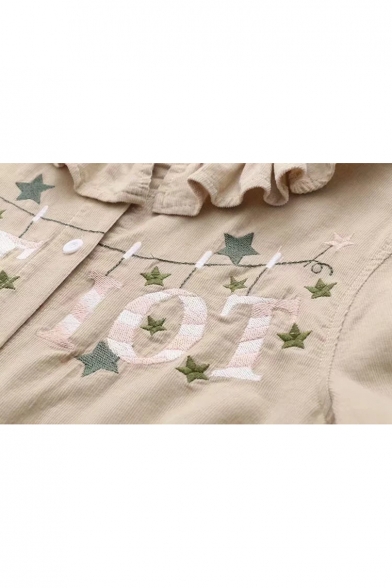 Fashionable Star Letter Embroidered Ruffle Peter Pan Collar Long Sleeve Shirt