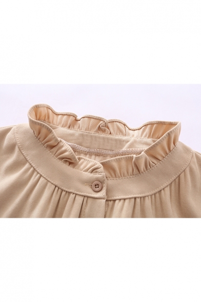 Heart Embroidered Ruffle Stand-Up Collar Long Sleeve Shirt