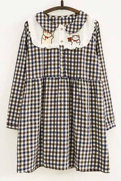 Cat Embroidered Plaid Pattern Peter Pan Collar Long Sleeve Dress