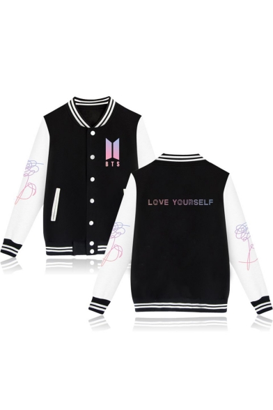 Letter Color Block Print Long Sleeve Stand-Up Collar Single Breasted Baseball Jacket