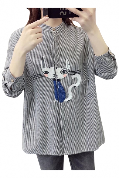 New Stylish Cartoon Cat Pattern Stand-Up Collar Long Sleeve Tunic Shirt