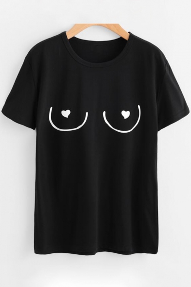 New Trendy Heart Print Round Neck Short Sleeve Tee for Couple