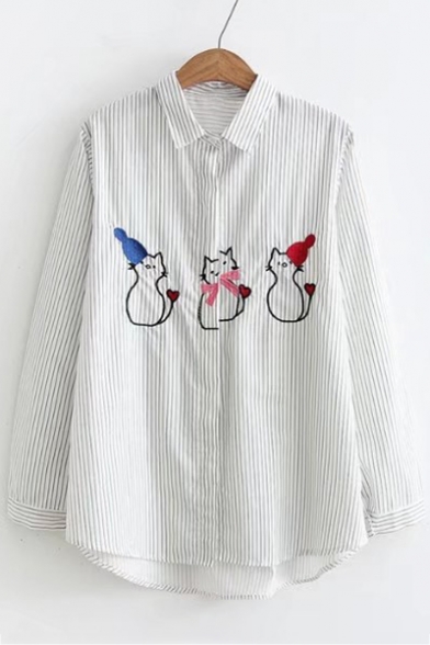 Old-School Fashion Striped Cat Applique Point Collar Long Sleeves Button Down Shirt