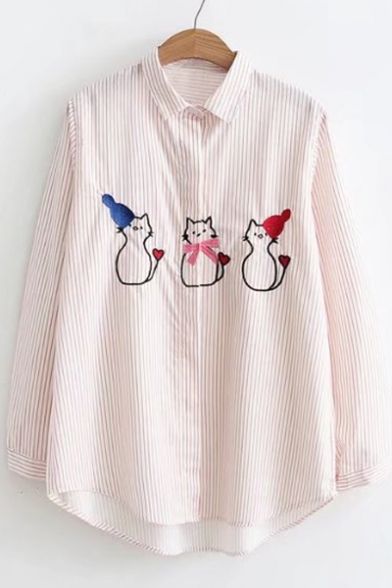 Old-School Fashion Striped Cat Applique Point Collar Long Sleeves Button Down Shirt