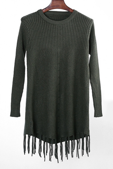 Simple Plain Tassel Hem Long Sleeve Round Neck Pullover Sweater