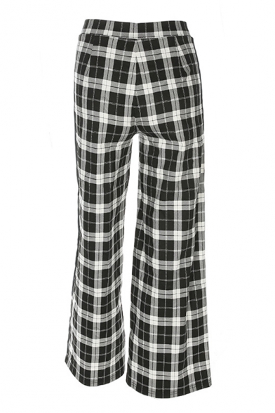 Summer Collection Zipper Fly Tartan Plaids Striped Side Wide Leg Monochrome Loose Pants