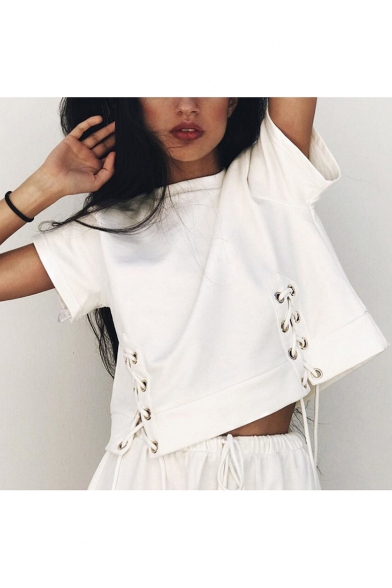 Summer Fashion Lace-up Round Neck Short Sleeves Cropped Casual Tee
