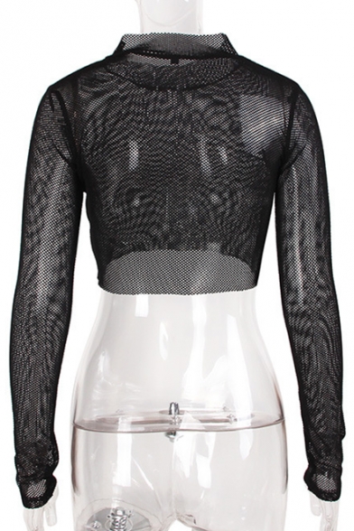 Trendy High Neck Long Sleeves Fishnet Mesh Sexy Cropped Tee