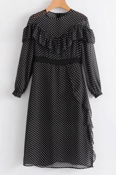 Vintage Style Round Neck Ruffle Sleeves Polka Dotted Zip-Back Midi A-line Beach Dress