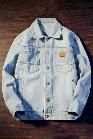 Casual Lapel Button Down Long Sleeves Denim Jacket with Pockets