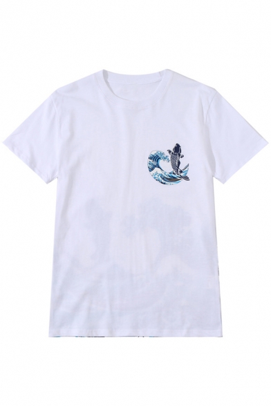 Chic Sea Ocean Wave Fish Printed Round Neck Short Sleeves Casual Tee