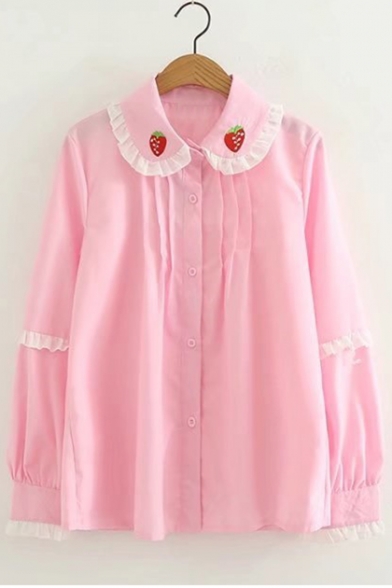 Childish Strawberry Embroidered Ruffle Peter Pan Collar Button Down Pleated Shirt