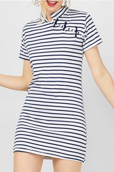 Classic Striped Print Stand-Up Collar Short Sleeve Button Mini Dress
