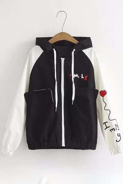 Color Block Letter Heart Embroidered Zip Up Hooded Baseball Jacket with Pockets