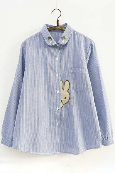 Cute Rabbit Embroidered Striped Pattern Long Sleeve Peter Pan Collar Shirt