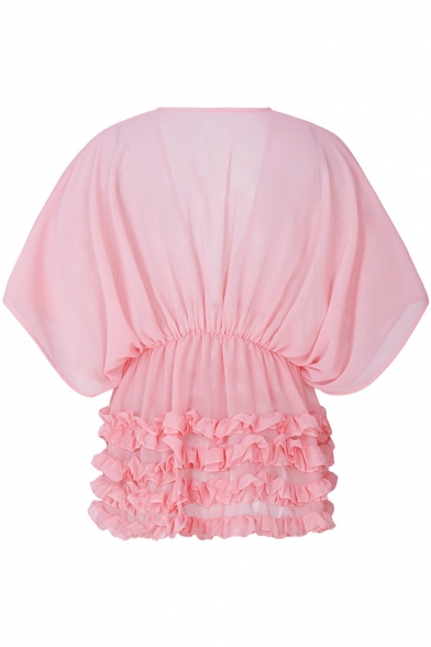 Fancy Plain Ruffle Tiered Hem V-Neck Batwing Sleeves Bow Tie Front Cover Up Blouse