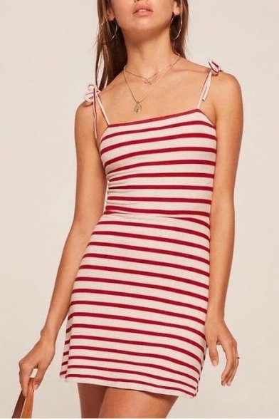 Hot Fashion Tie Shoulder Classic Striped Print Slip Dress
