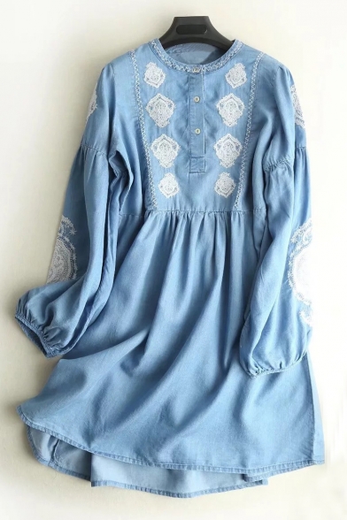 Leisure Button Embroidery Detail Blouson Sleeves Midi A-line Denim Dress
