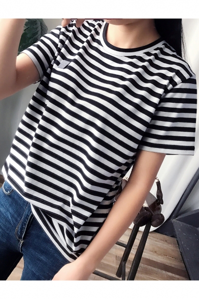 Loose Casual Striped Pattern Round Neck Short Sleeves Summer Tee