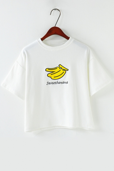 Lovely Letter Banana Pattern Round Neck Short Sleeves Cropped Tee