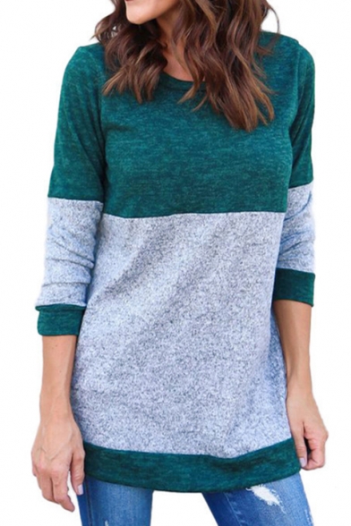 New Stylish Color Block Print Round Neck Long Sleeve Tunic Pullover Sweater