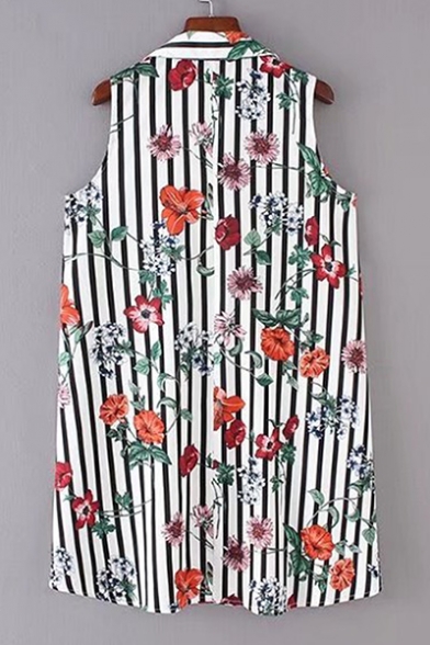 Pop Floral Striped Print Lapel Button Tank Shirt Dress with Pocket
