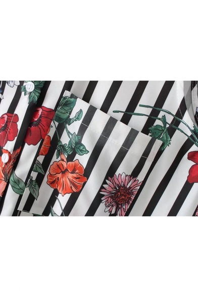 Pop Floral Striped Print Lapel Button Tank Shirt Dress with Pocket