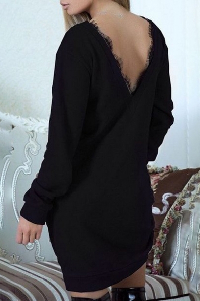 Sexy V-Back Lace Panel Round Neck Long Sleeves Loose Sweatshirt Dress