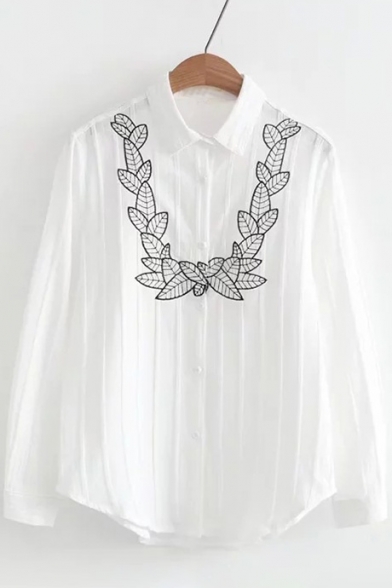 Stylish Embroidery Leaf Pattern Long Sleeve Button Down Lapel Shirt