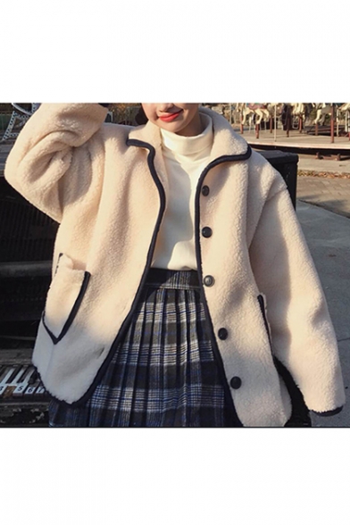 Winter Fashion Button Down Contrast Trimmed Lapel Over-Sized Button Down Faux Fur Coat with Pockets