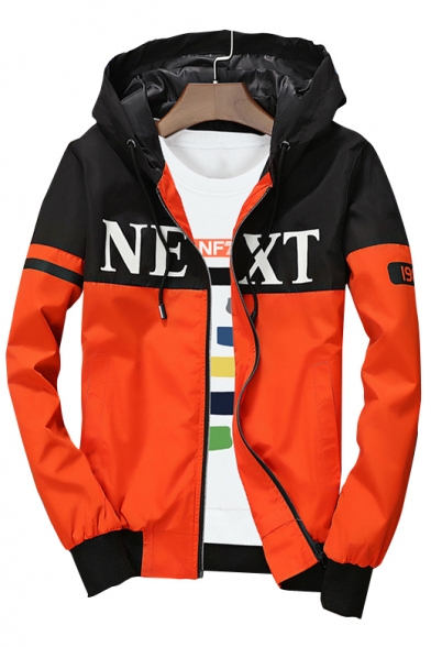 Autumn Fashion Letter Pattern Color Block Hooded Zippered Jacket