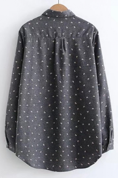 Chic Cat Applique Embellished Polka Dotted Lapel Long Sleeves Button Down Tunic Shirt