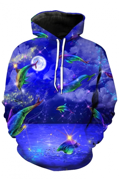 Chic Dolphin Sea Moon Night Pattern Long Sleeves Pullover Hoodie with Pocket