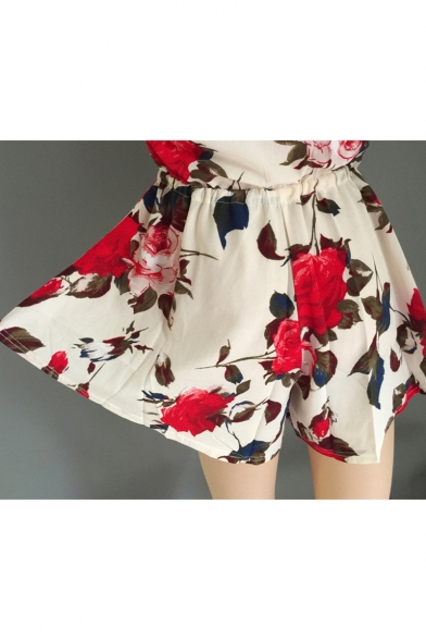 Chic Floral Print V-Neck Long Sleeve Drawstring Waist Rompers