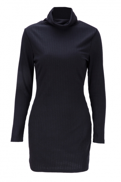 Chic High Neck Long Sleeves Slim-Fit Bodycon Ribbed Mini Winter Dress