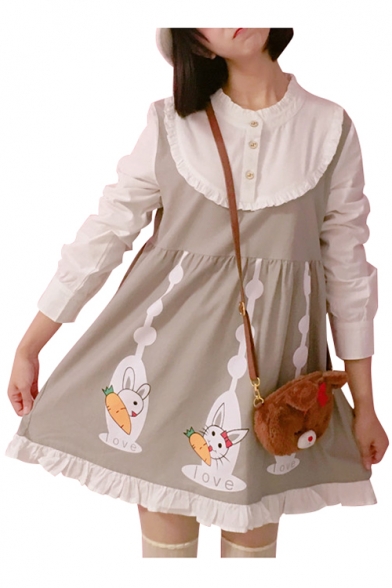 Color Block Cartoon Rabbit Carrot Print Ruffle Long Sleeve Dress