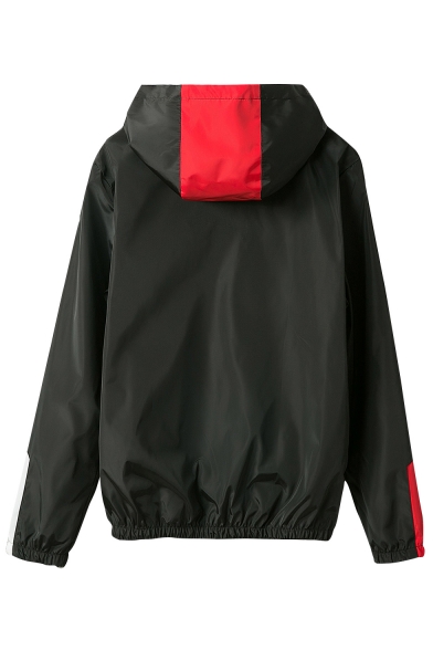 Color Block Print Long Sleeve Zip Up Hooded Coat