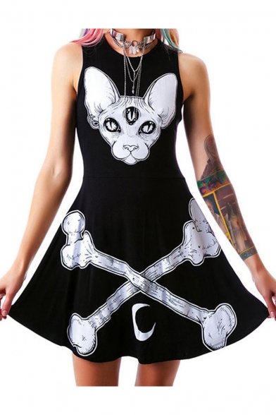 

Cool Cat Bone Moon Pattern Round Neck Sleeveless Tank Mini A-line Dress