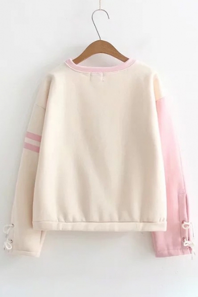 Cute Cactus Cartoon Letter Color Block Lace-up Sleeves Round Neck Pullover Sweatshirt