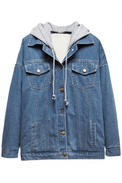 Fashion Contrast Hooded Long Sleeve Single Breasted Denim Jacket for Couple